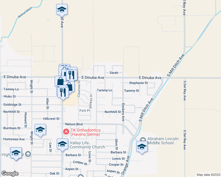 map of restaurants, bars, coffee shops, grocery stores, and more near 3803 Olive Street in Selma