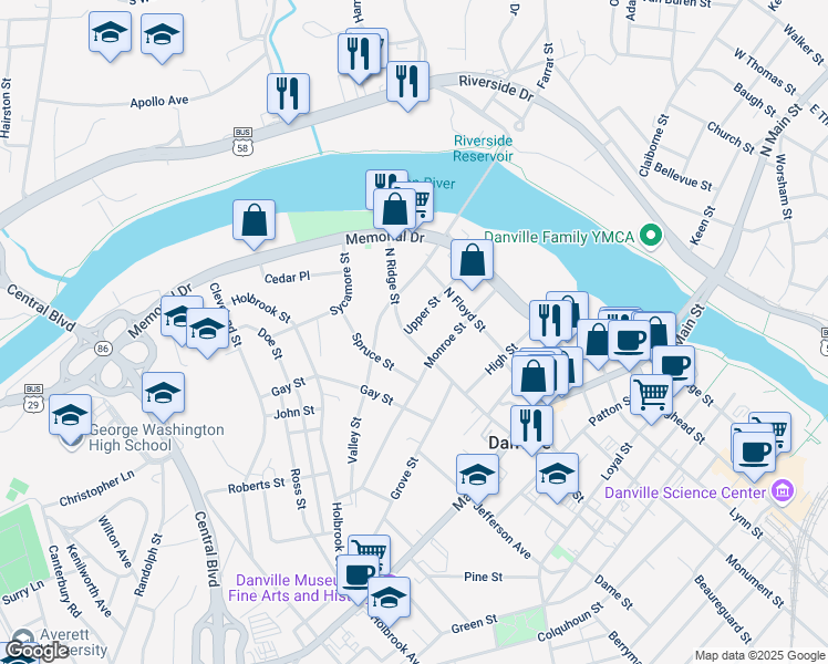 map of restaurants, bars, coffee shops, grocery stores, and more near 424 North Ridge Street in Danville