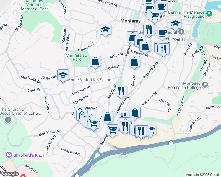 map of restaurants, bars, coffee shops, grocery stores, and more near 1067 Alameda Street in Monterey