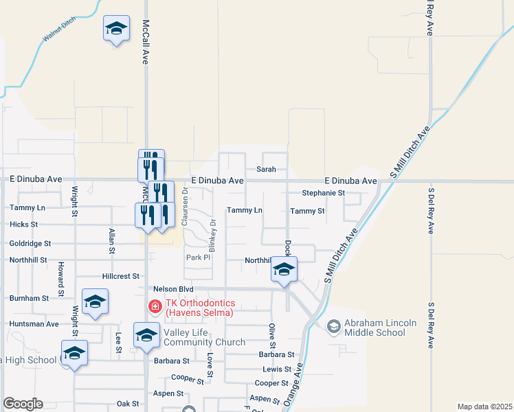map of restaurants, bars, coffee shops, grocery stores, and more near 3803 Olive Street in Selma