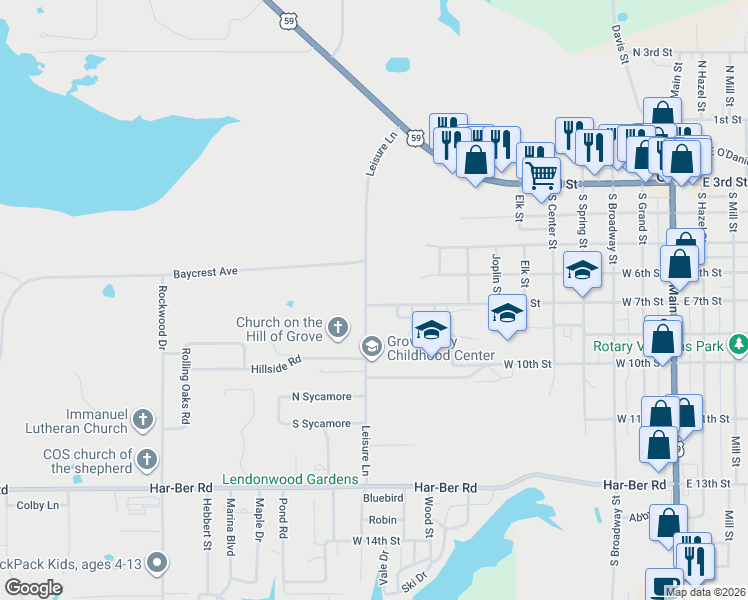 map of restaurants, bars, coffee shops, grocery stores, and more near 905-911 W 7th St in Grove