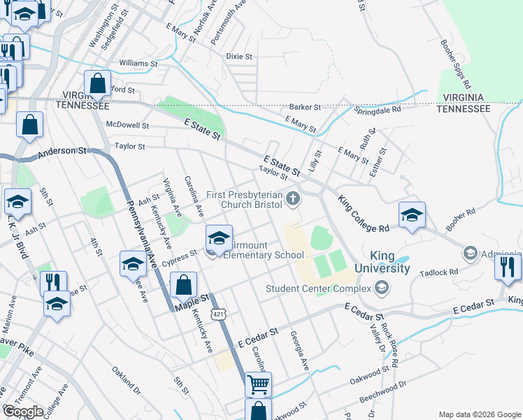 map of restaurants, bars, coffee shops, grocery stores, and more near 712 Florida Ave in Bristol