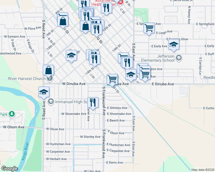 map of restaurants, bars, coffee shops, grocery stores, and more near 164 East Helen Avenue in Reedley