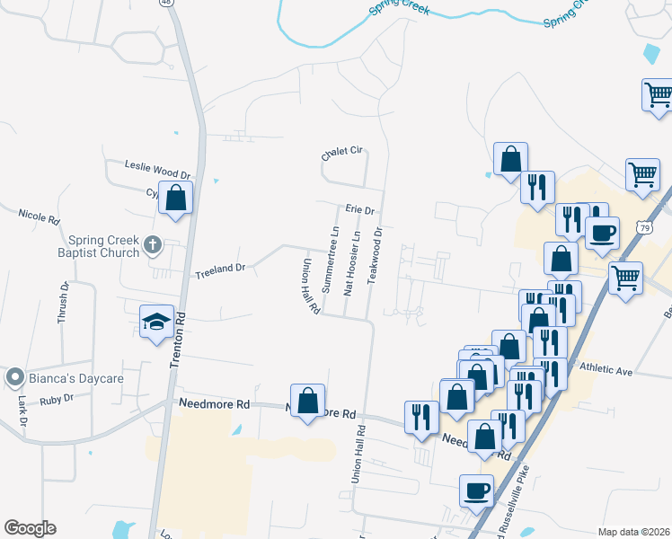 map of restaurants, bars, coffee shops, grocery stores, and more near 2817 Summertree Lane in Clarksville