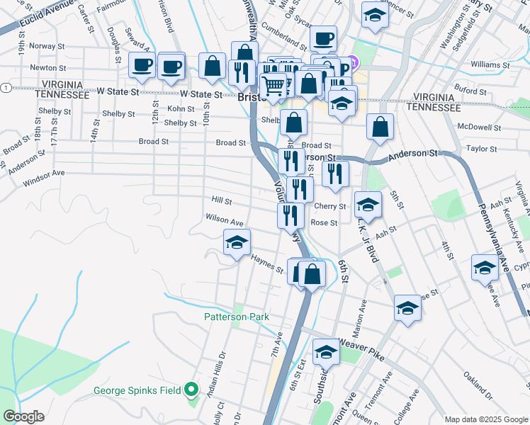 map of restaurants, bars, coffee shops, grocery stores, and more near 824 Hill Street in Bristol