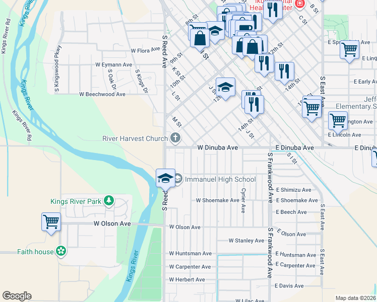 map of restaurants, bars, coffee shops, grocery stores, and more near 927 South Hope Avenue in Reedley
