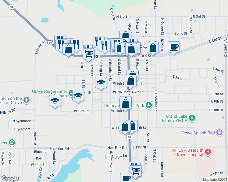 map of restaurants, bars, coffee shops, grocery stores, and more near 119 E 7th St in Grove