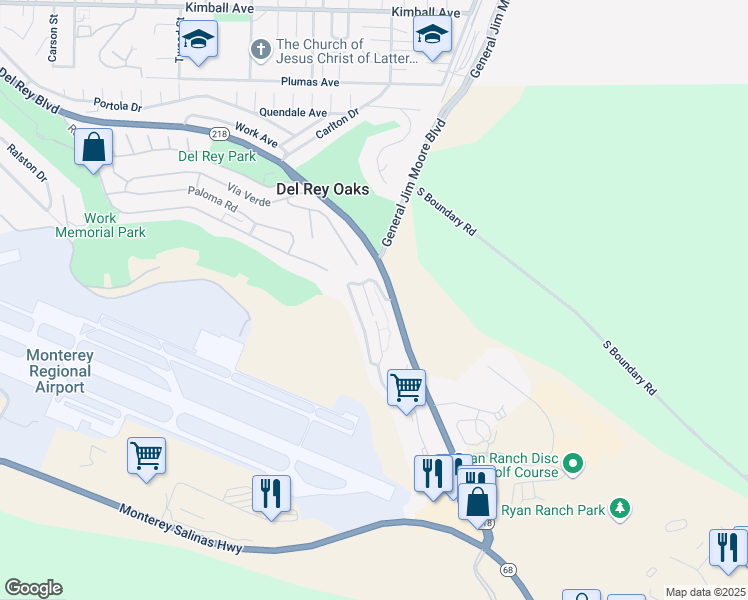 map of restaurants, bars, coffee shops, grocery stores, and more near 241 Quail Run Court in Del Rey Oaks
