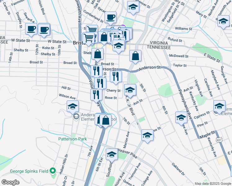 map of restaurants, bars, coffee shops, grocery stores, and more near 506 6th Street in Bristol