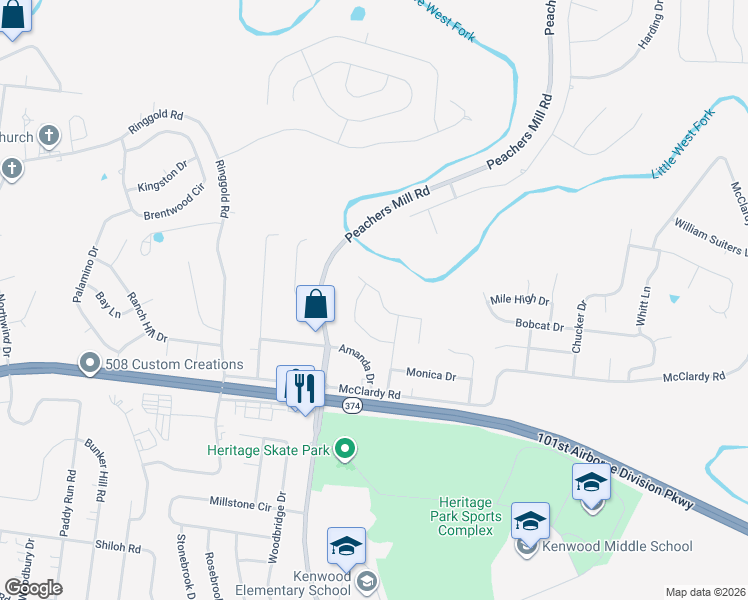 map of restaurants, bars, coffee shops, grocery stores, and more near 910 Lindsey Drive in Clarksville