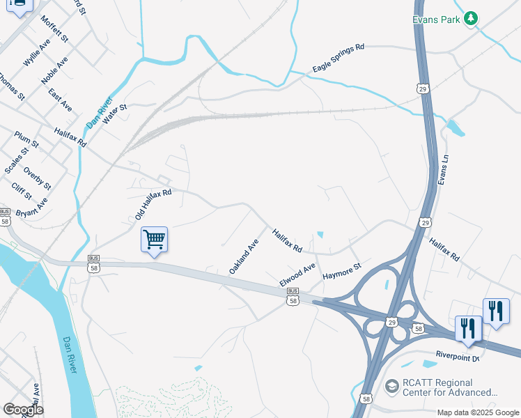 map of restaurants, bars, coffee shops, grocery stores, and more near 974-998 Halifax Road in Danville