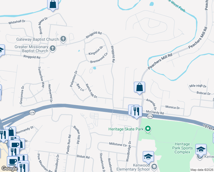 map of restaurants, bars, coffee shops, grocery stores, and more near 715 Green Valley Court in Clarksville