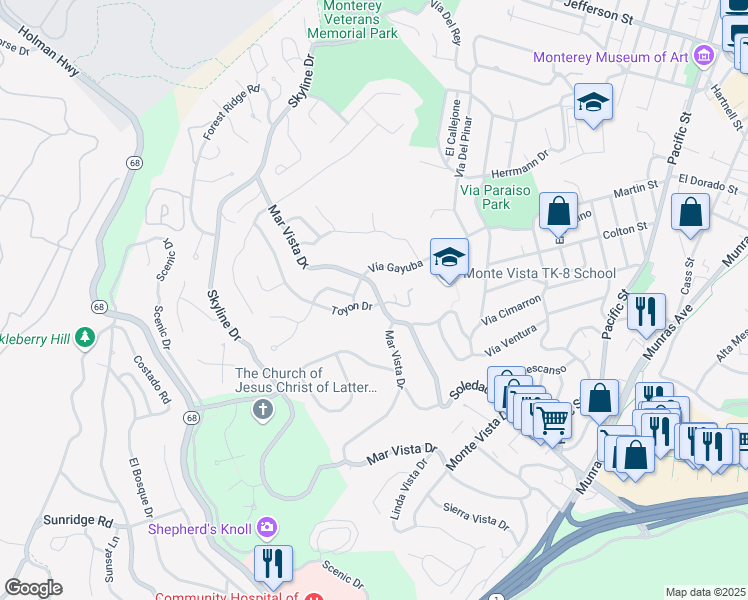 map of restaurants, bars, coffee shops, grocery stores, and more near 491 Mar Vista Drive in Monterey