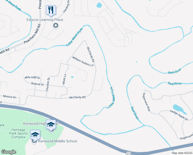 map of restaurants, bars, coffee shops, grocery stores, and more near 1416 McClardy Road in Clarksville