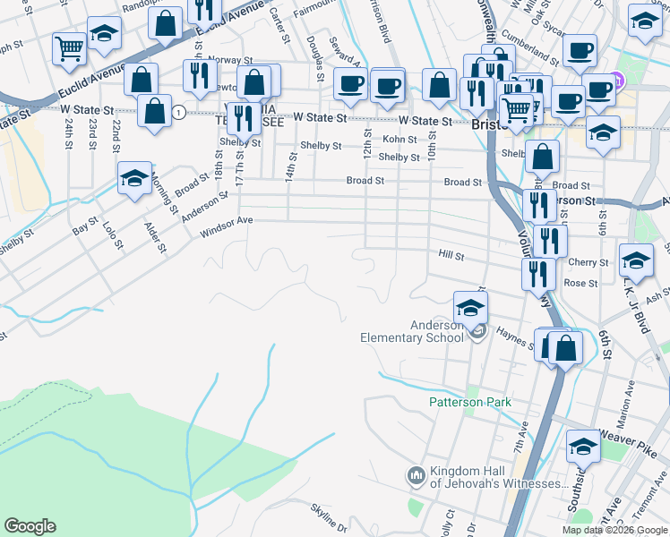 map of restaurants, bars, coffee shops, grocery stores, and more near 105 Edgemere Drive in Bristol