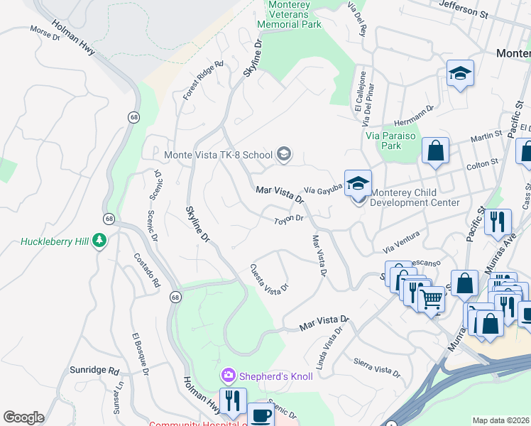 map of restaurants, bars, coffee shops, grocery stores, and more near 5 Shady Lane in Monterey