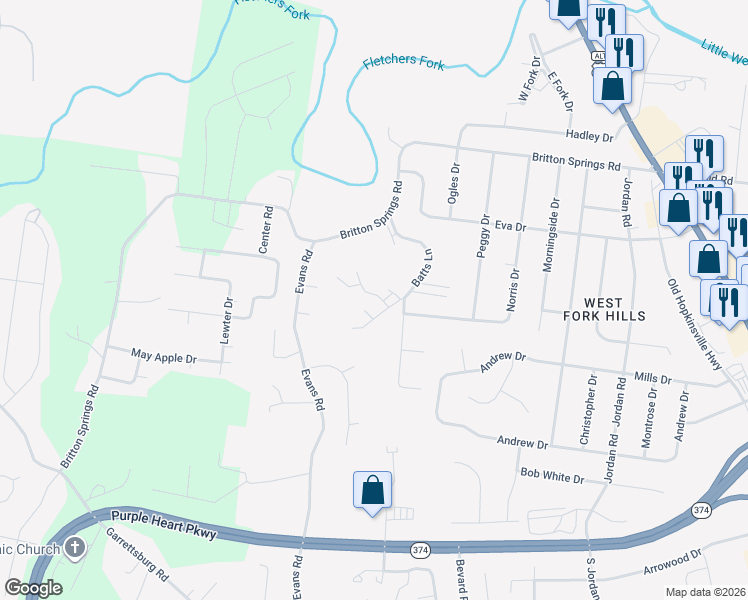 map of restaurants, bars, coffee shops, grocery stores, and more near 806 Biglen Road in Clarksville