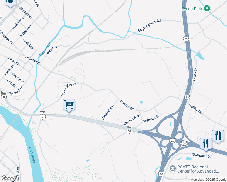 map of restaurants, bars, coffee shops, grocery stores, and more near 974 Halifax Road in Danville