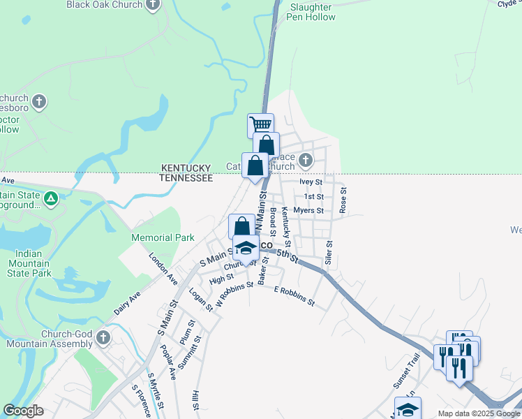 map of restaurants, bars, coffee shops, grocery stores, and more near North Main Street in Jellico