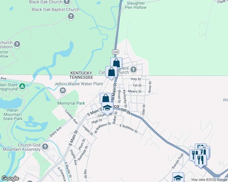 map of restaurants, bars, coffee shops, grocery stores, and more near North Main Street in Jellico