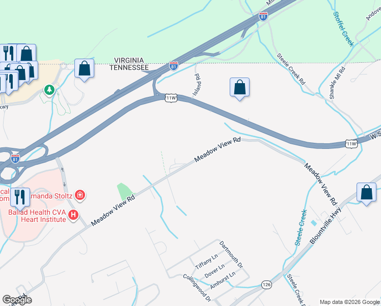 map of restaurants, bars, coffee shops, grocery stores, and more near 454 Meadow View Rd in Bristol