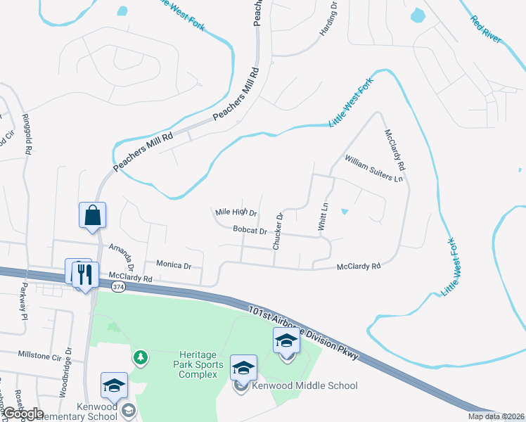 map of restaurants, bars, coffee shops, grocery stores, and more near 1319 Burchett Drive in Clarksville