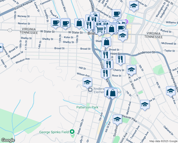 map of restaurants, bars, coffee shops, grocery stores, and more near 910 Hill Street in Bristol