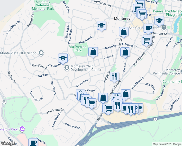 map of restaurants, bars, coffee shops, grocery stores, and more near 221 San Bernabe Drive in Monterey