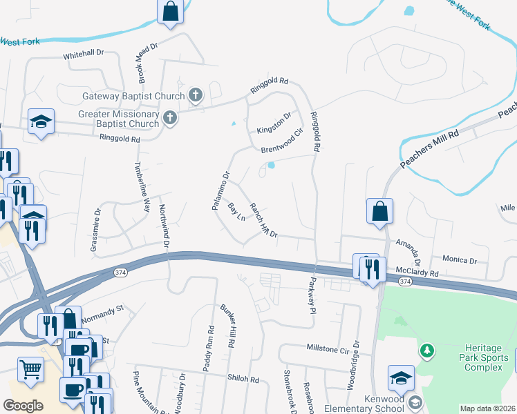 map of restaurants, bars, coffee shops, grocery stores, and more near 619 Ranch Hill Drive in Clarksville