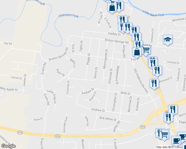 map of restaurants, bars, coffee shops, grocery stores, and more near 217 Norris Drive in Clarksville