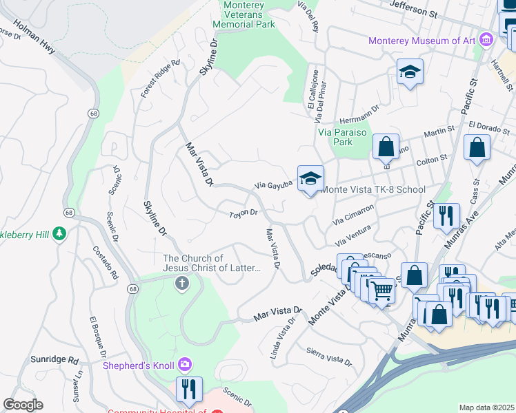 map of restaurants, bars, coffee shops, grocery stores, and more near 491 Mar Vista Drive in Monterey