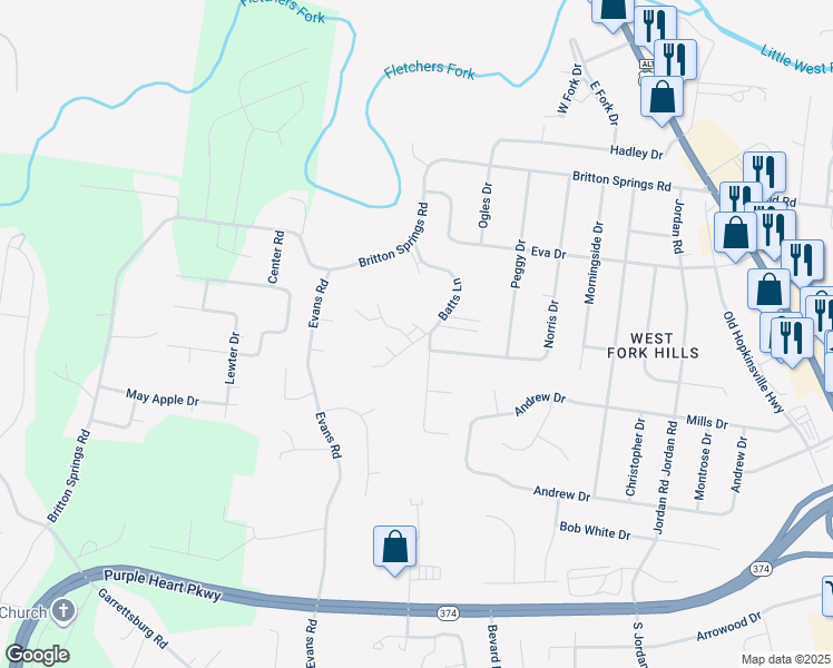 map of restaurants, bars, coffee shops, grocery stores, and more near 1924 Batts Lane in Clarksville