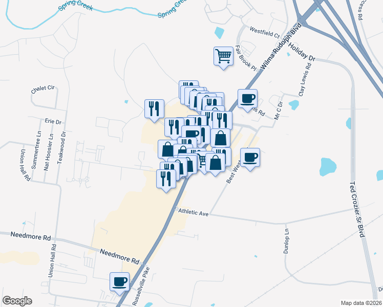 map of restaurants, bars, coffee shops, grocery stores, and more near 100 South Hampton Place in Clarksville