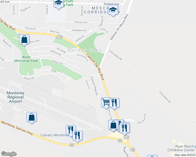 map of restaurants, bars, coffee shops, grocery stores, and more near 210 Quail Run Court in Del Rey Oaks