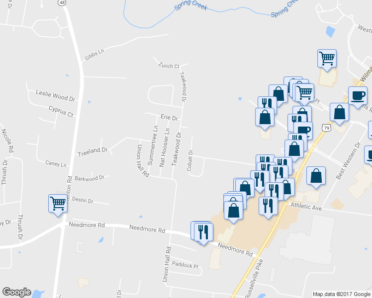 map of restaurants, bars, coffee shops, grocery stores, and more near 2857 Cobalt Drive in Clarksville