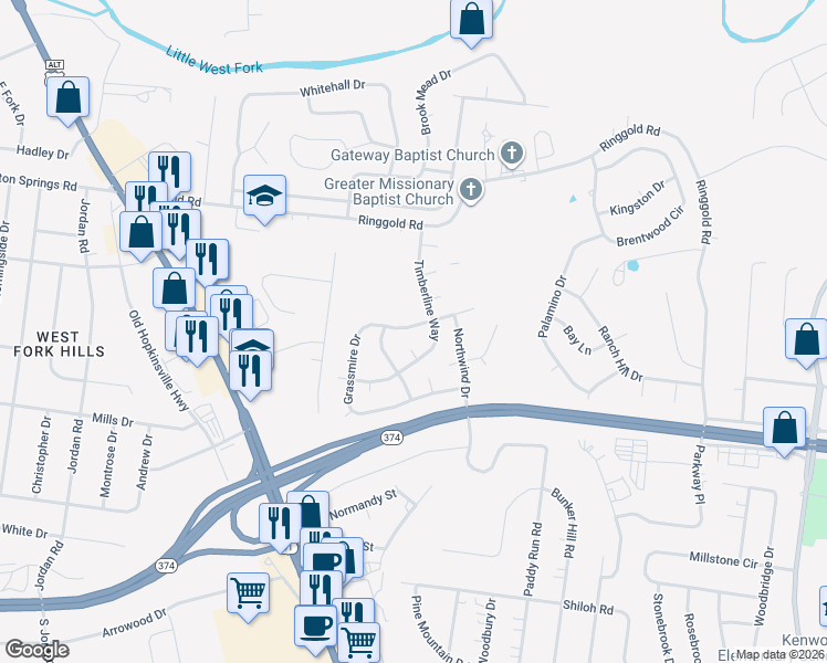 map of restaurants, bars, coffee shops, grocery stores, and more near 92 Grassmire Drive in Clarksville