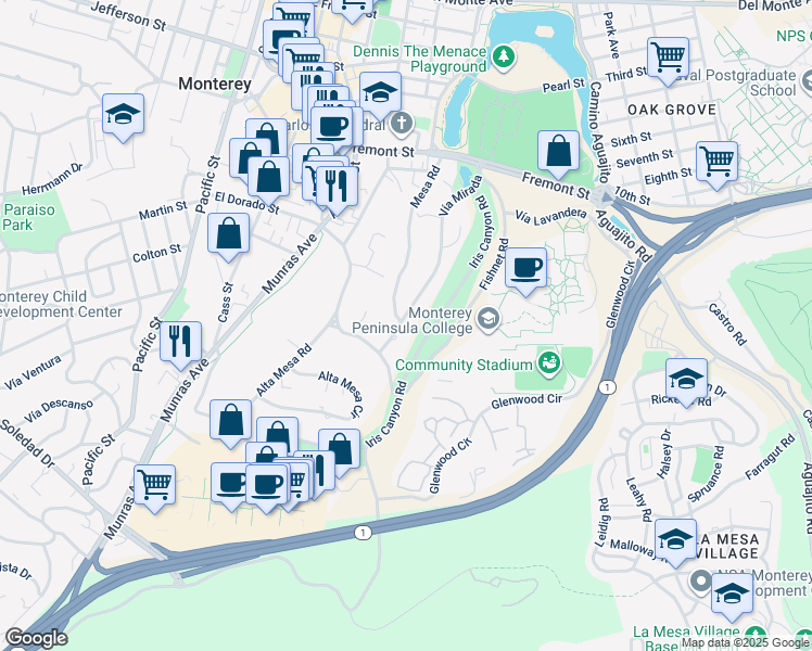 map of restaurants, bars, coffee shops, grocery stores, and more near 901 Vía Mirada in Monterey