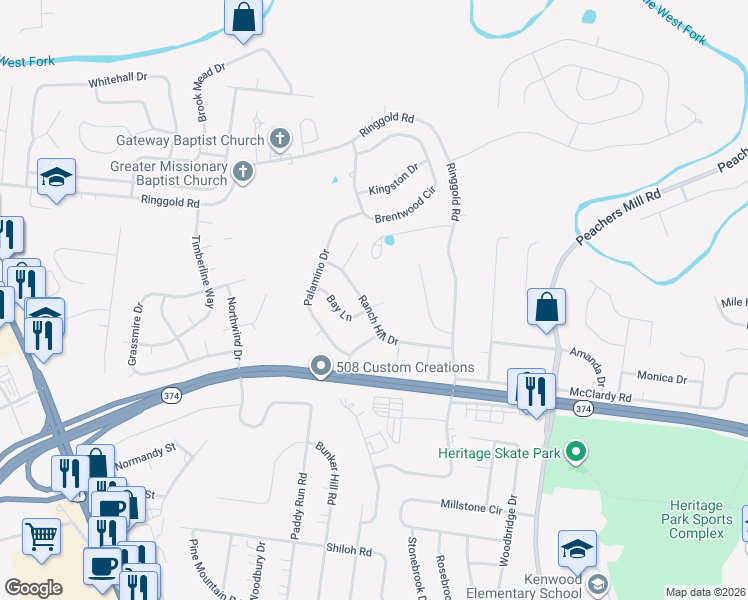 map of restaurants, bars, coffee shops, grocery stores, and more near 619 Ranch Hill Drive in Clarksville
