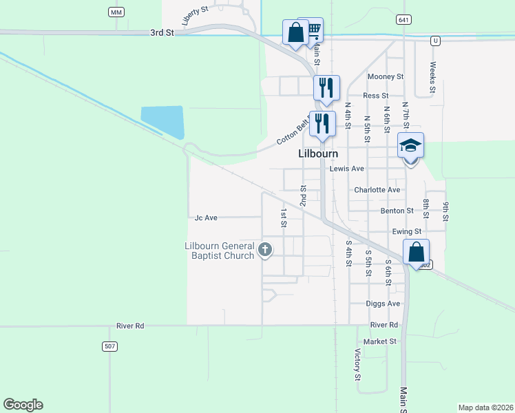 map of restaurants, bars, coffee shops, grocery stores, and more near 101-199 Baehr Road in Lilbourn