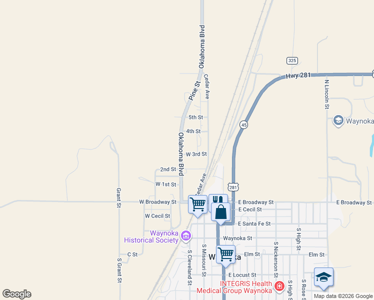 map of restaurants, bars, coffee shops, grocery stores, and more near 1643 West 3rd Street in Waynoka