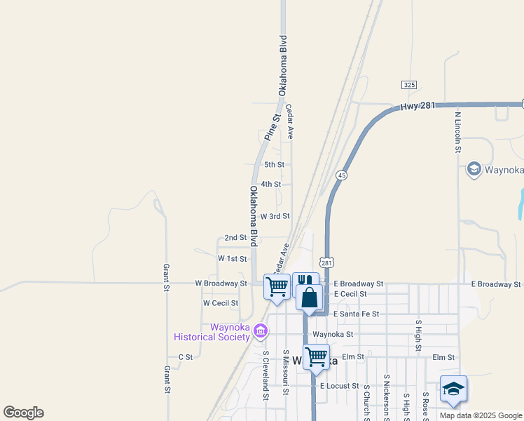 map of restaurants, bars, coffee shops, grocery stores, and more near 1643 West 3rd Street in Waynoka