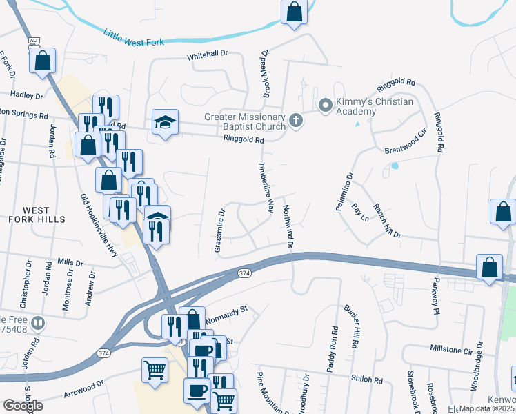 map of restaurants, bars, coffee shops, grocery stores, and more near 92 Grassmire Drive in Clarksville