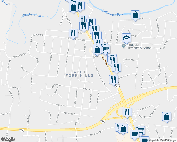 map of restaurants, bars, coffee shops, grocery stores, and more near 218 Jordan Road in Clarksville
