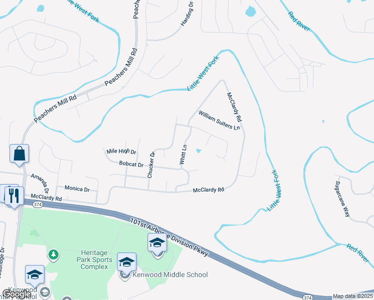 map of restaurants, bars, coffee shops, grocery stores, and more near 1367 Whitt Lane in Clarksville