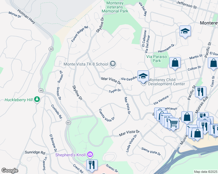 map of restaurants, bars, coffee shops, grocery stores, and more near 11 Shady Lane in Monterey