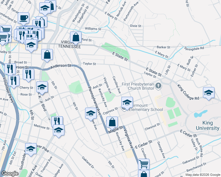 map of restaurants, bars, coffee shops, grocery stores, and more near 409 Poplar Street in Bristol