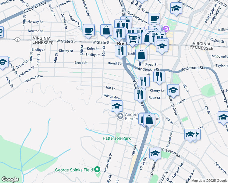 map of restaurants, bars, coffee shops, grocery stores, and more near 910 Hill Street in Bristol