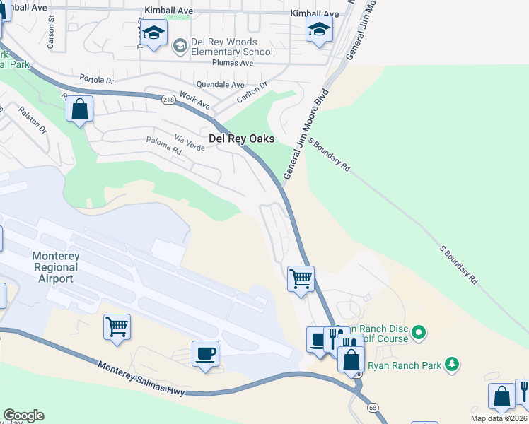 map of restaurants, bars, coffee shops, grocery stores, and more near 210 Quail Run Court in Del Rey Oaks