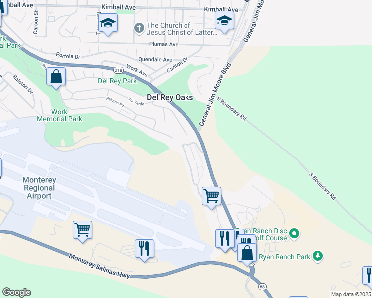 map of restaurants, bars, coffee shops, grocery stores, and more near 140 Pheasant Ridge Road in Del Rey Oaks