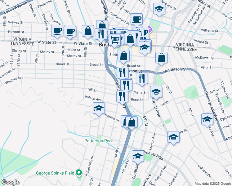 map of restaurants, bars, coffee shops, grocery stores, and more near 824 Hill Street in Bristol
